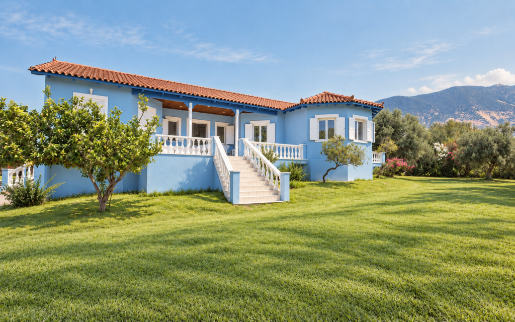 Front exterior of Anemos Escape Villas, a blue Kefalonian villa with terracotta roof and mountain backdrop